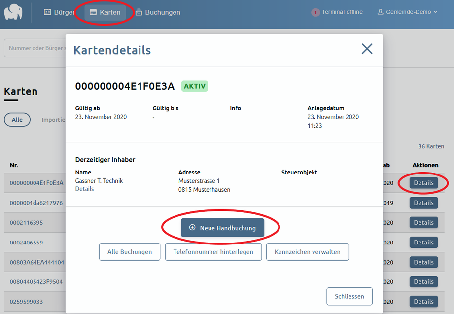 Handbuchung Version Karten